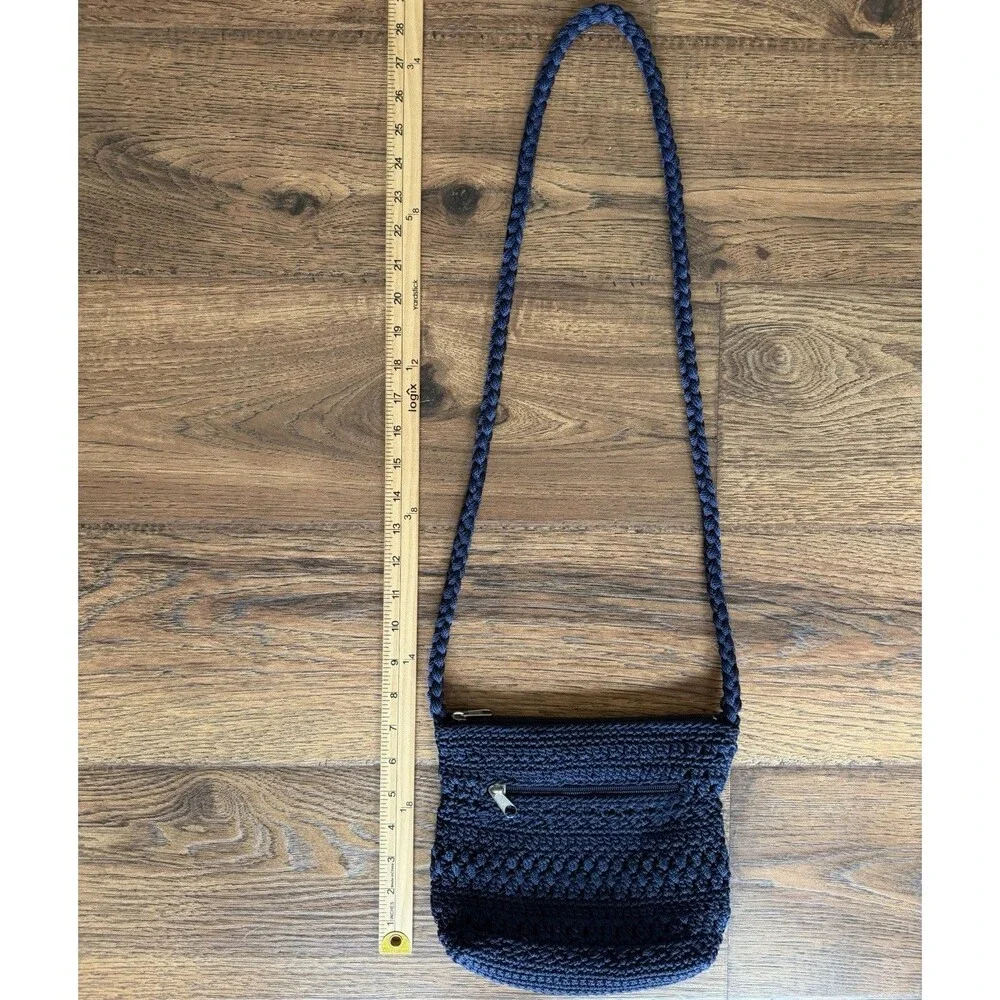 Lina Navy Blue Crochet Shoulder Bag Macrame Knit Zip Top Y2K Boho Purse